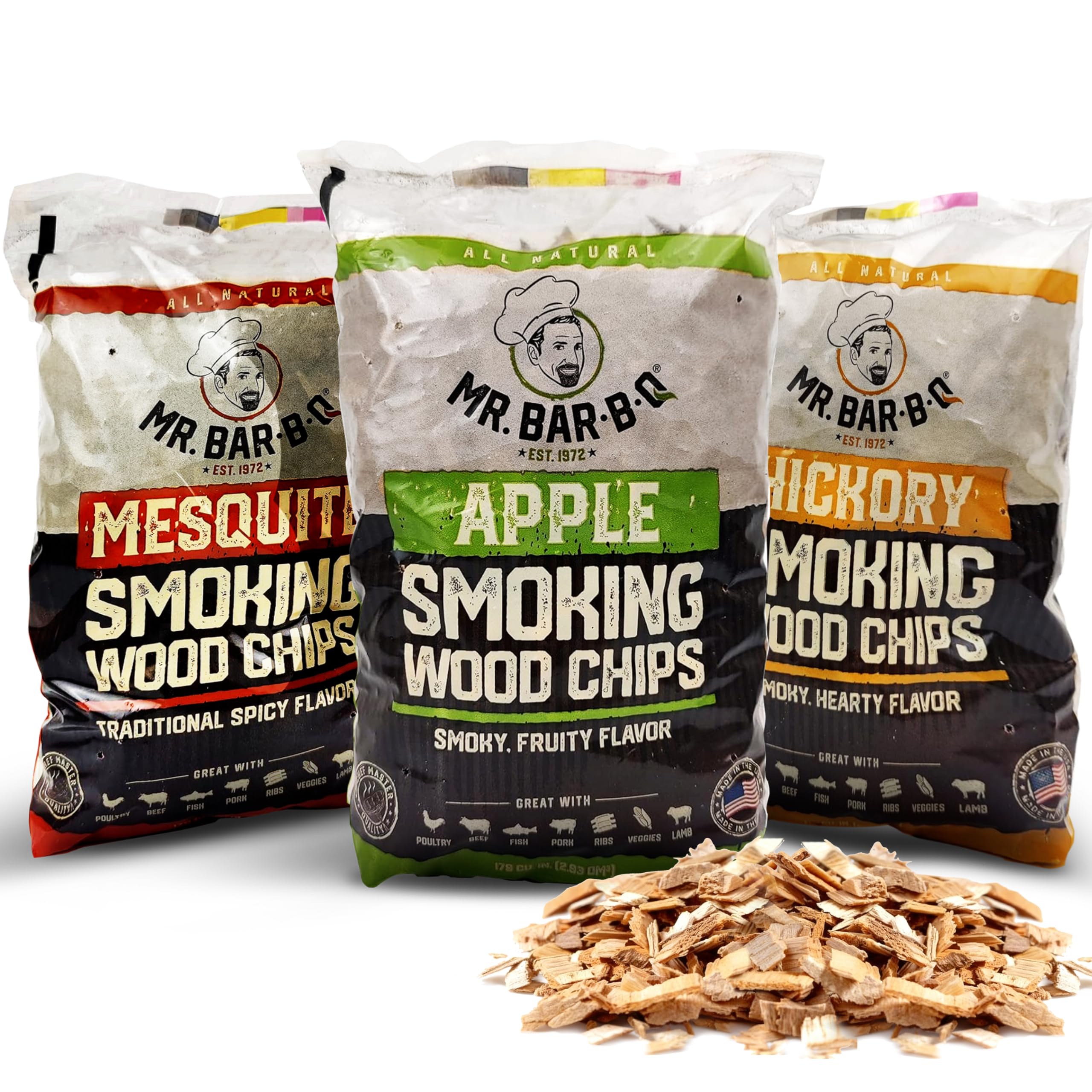 Mr. Bar-B-Q frente del pack mostrando las tres bolsas y variedad de sabores