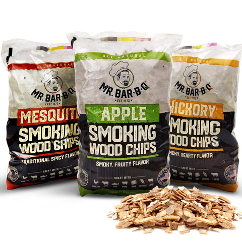 Mr. Bar-B-Q frente del pack mostrando las tres bolsas y variedad de sabores