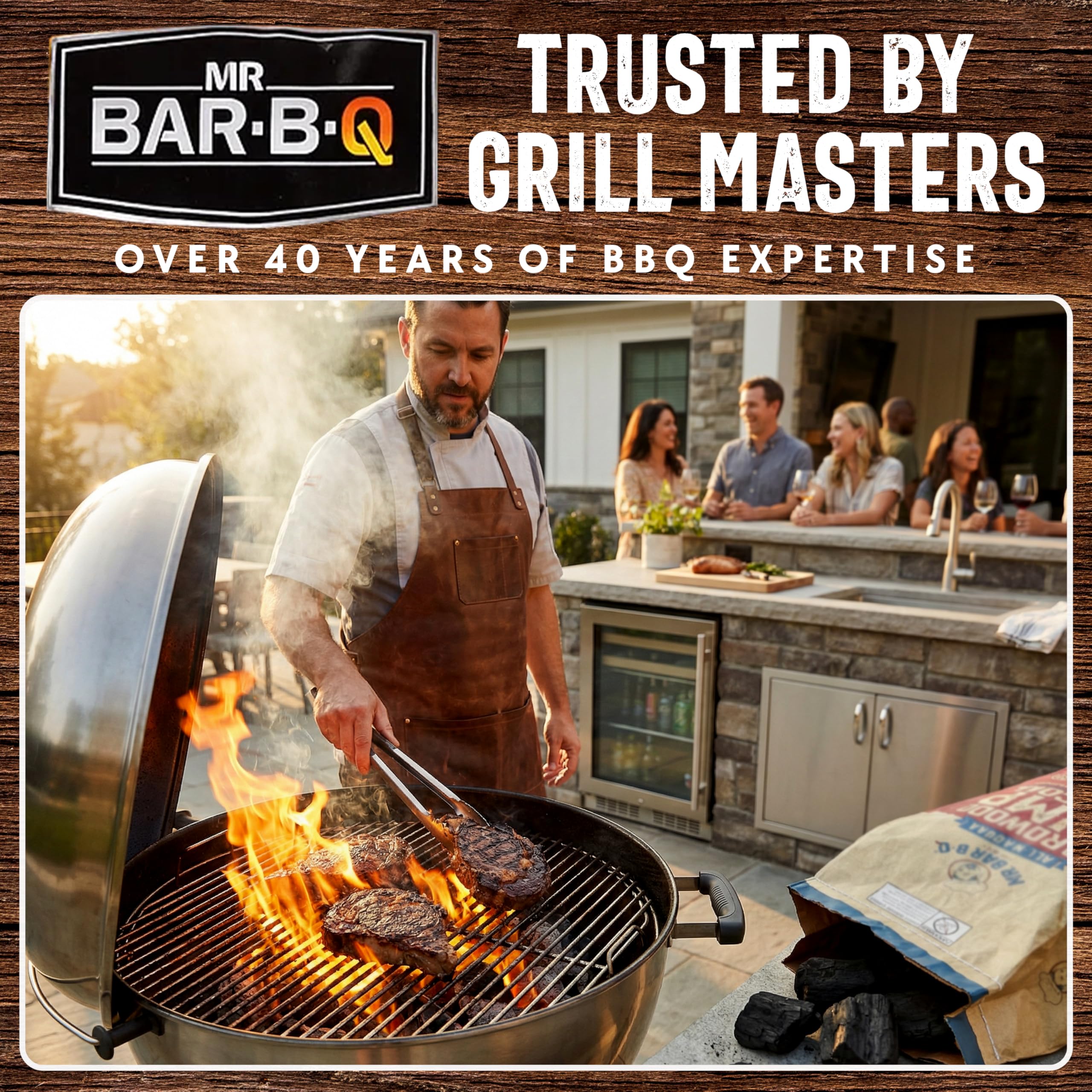 Mr. Bar-B-Q etiqueta mostrando 100% hardwood sin químicos añadidos