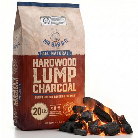Mr. Bar-B-Q saco frontal mostrando la marca y tamaño, beneficios de almacenamiento