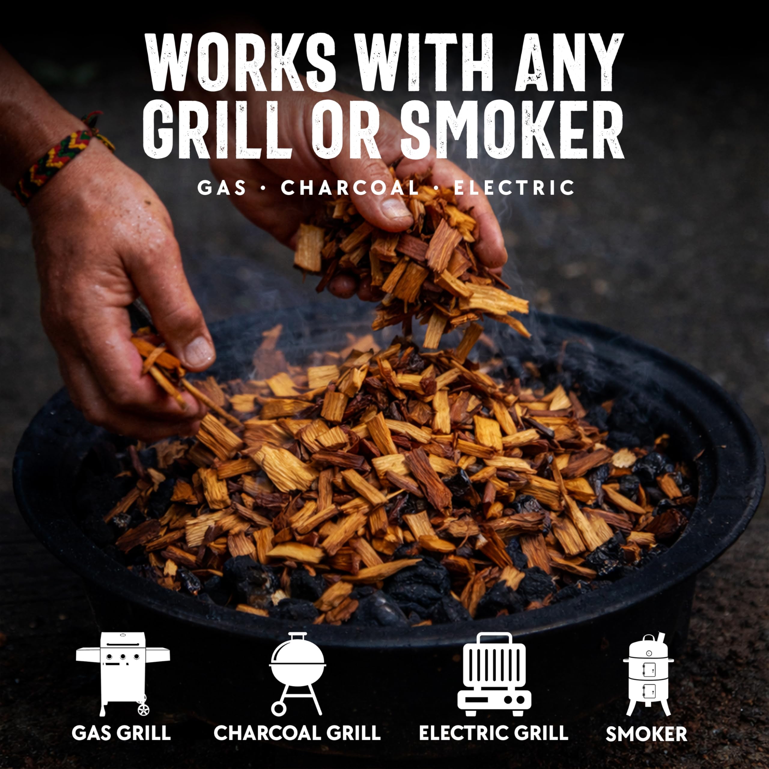 Mr. Bar-B-Q astillas en uso sobre parrilla de gas, generan humo estable y duradero