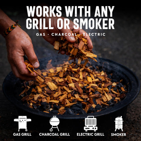 Mr. Bar-B-Q astillas en uso sobre parrilla de gas, generan humo estable y duradero
