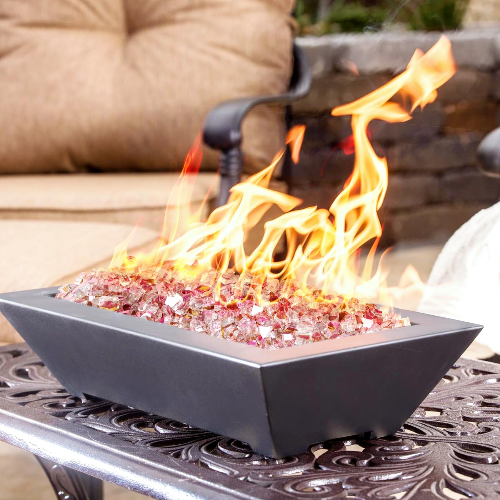 Mr. Fireglass vidrio en mesa de fuego mostrando brillo y seguridad