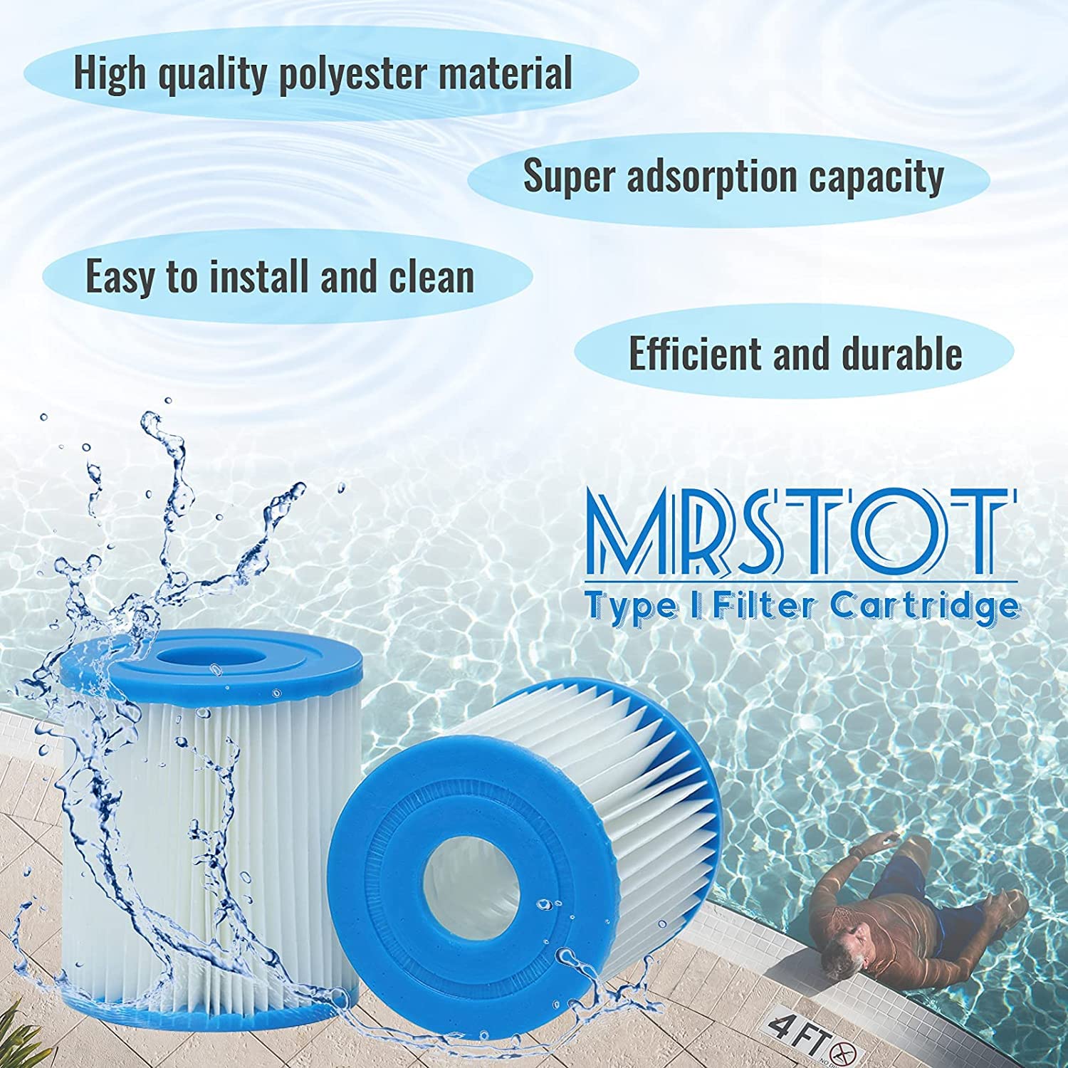 MRSTOT cartucho instalado en piscina portátil, mantiene agua limpia y protegida