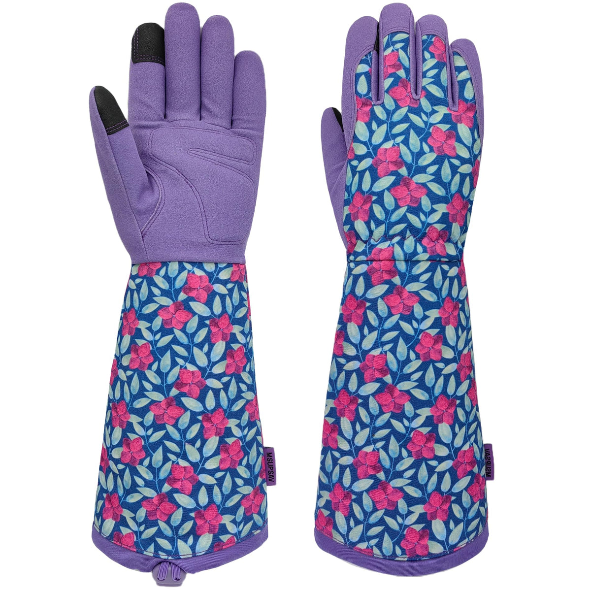 MSUPSAV vista frontal de guantes morados mostrando protección completa
