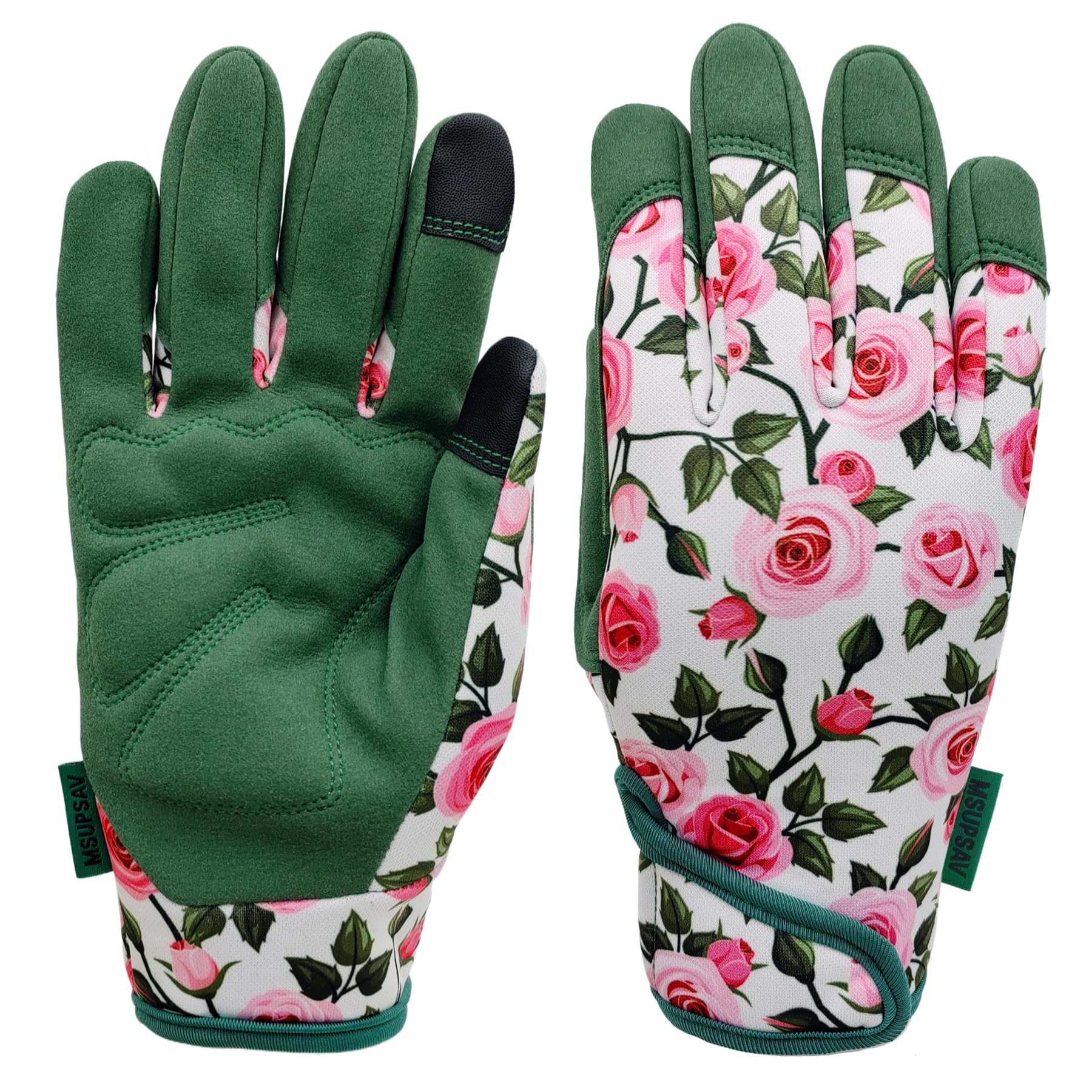 MSUPSAV vista frontal del guante verde con patrón floral, protección visible