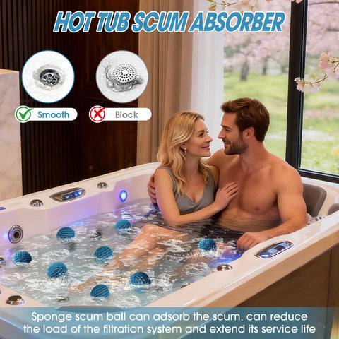 MTWEAR bolas absorbentes flotando en un jacuzzi demostrando reducción de espuma