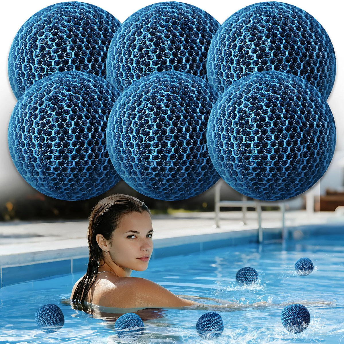 MTWEAR vista frontal del empaque con las 6 bolas absorventes manteniendo el spa limpio