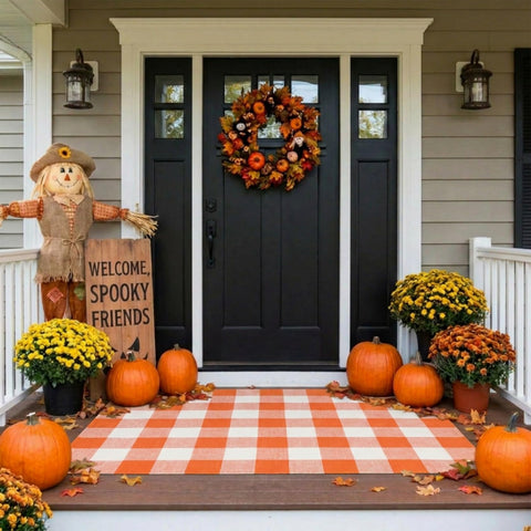 MUBIN alfombra frontal buffalo plaid mostrando bienvenida otoñal