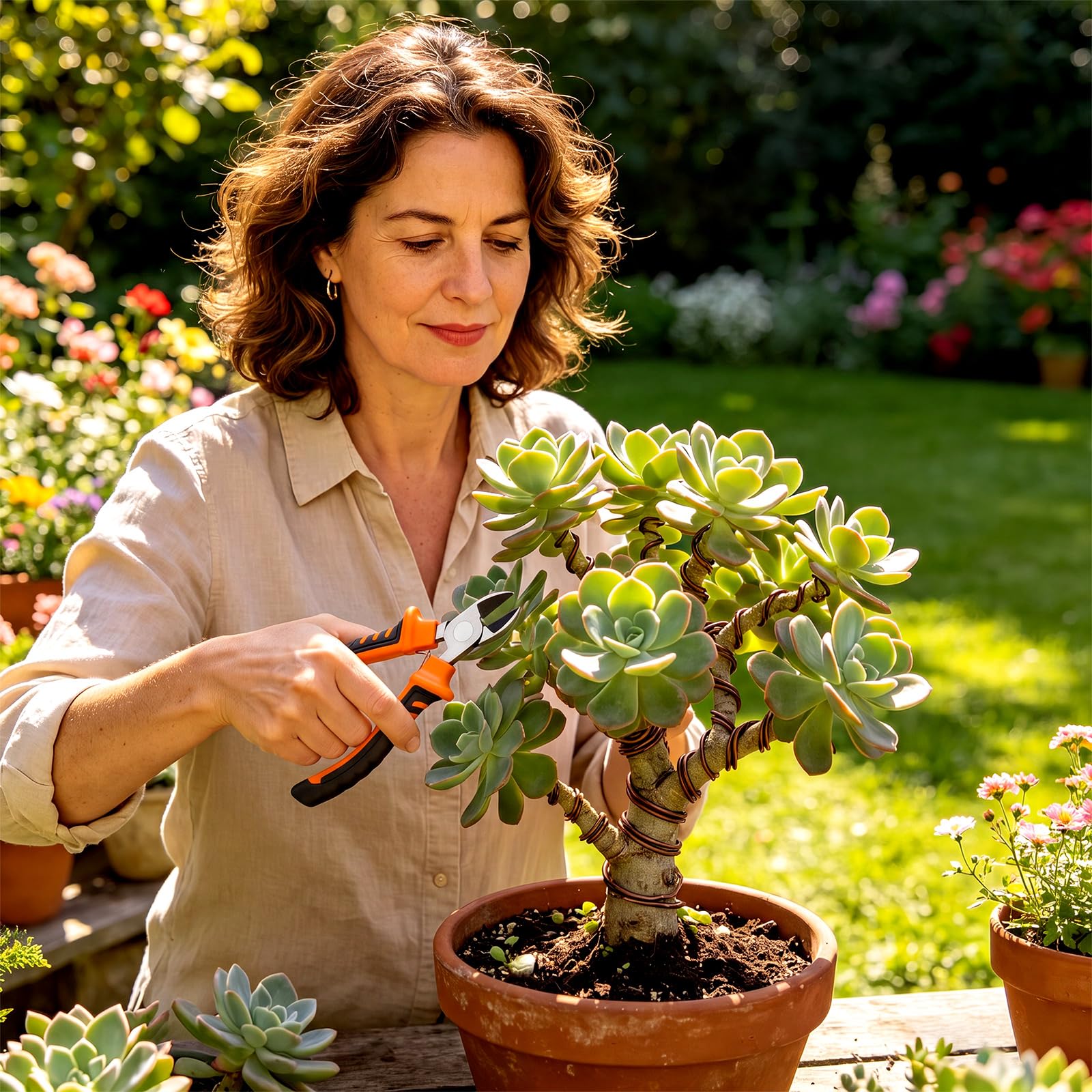 Mudder escena de jardín con bonsái alambrado mostrando aspecto natural