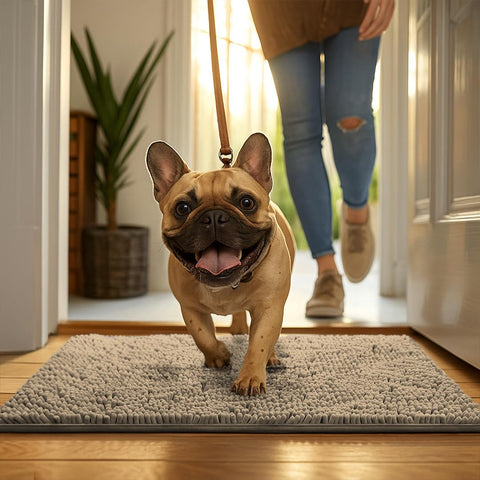 MUDGUARD MAT comparación de tamaño con zapato y pata de perro para referencia