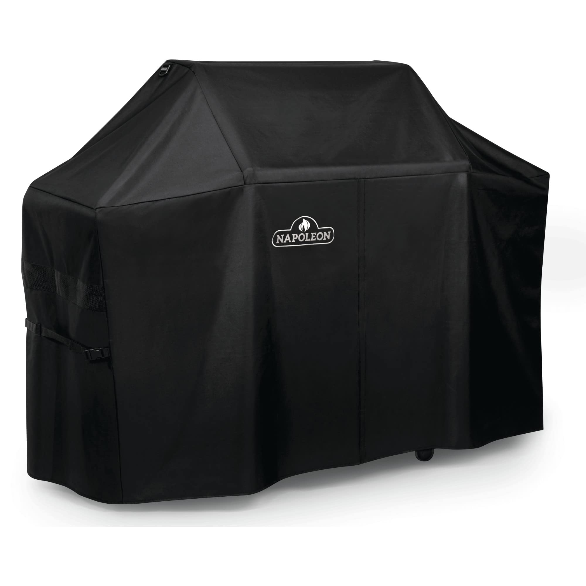 Funda Napoleon frontal ajustada sobre parrilla Prestige 500 protegiendo de lluvia y sol