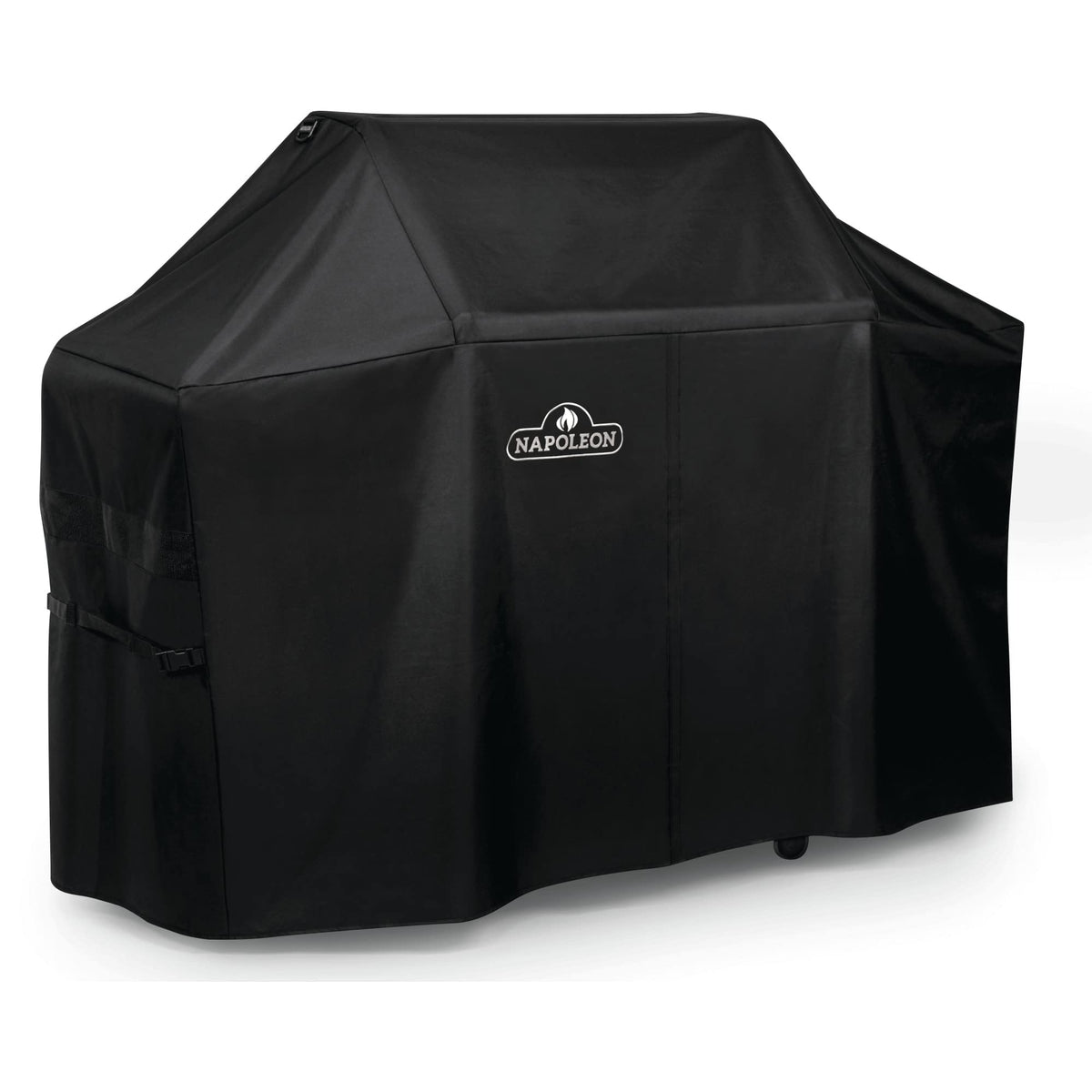 Funda Napoleon frontal ajustada sobre parrilla Prestige 500 protegiendo de lluvia y sol
