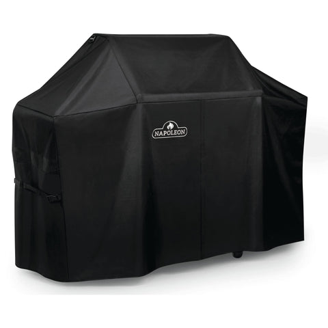 Funda Napoleon frontal ajustada sobre parrilla Prestige 500 protegiendo de lluvia y sol
