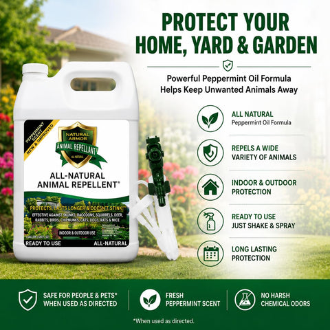 Natural Armor en uso pulverizando en jardín, mantiene lejos animales