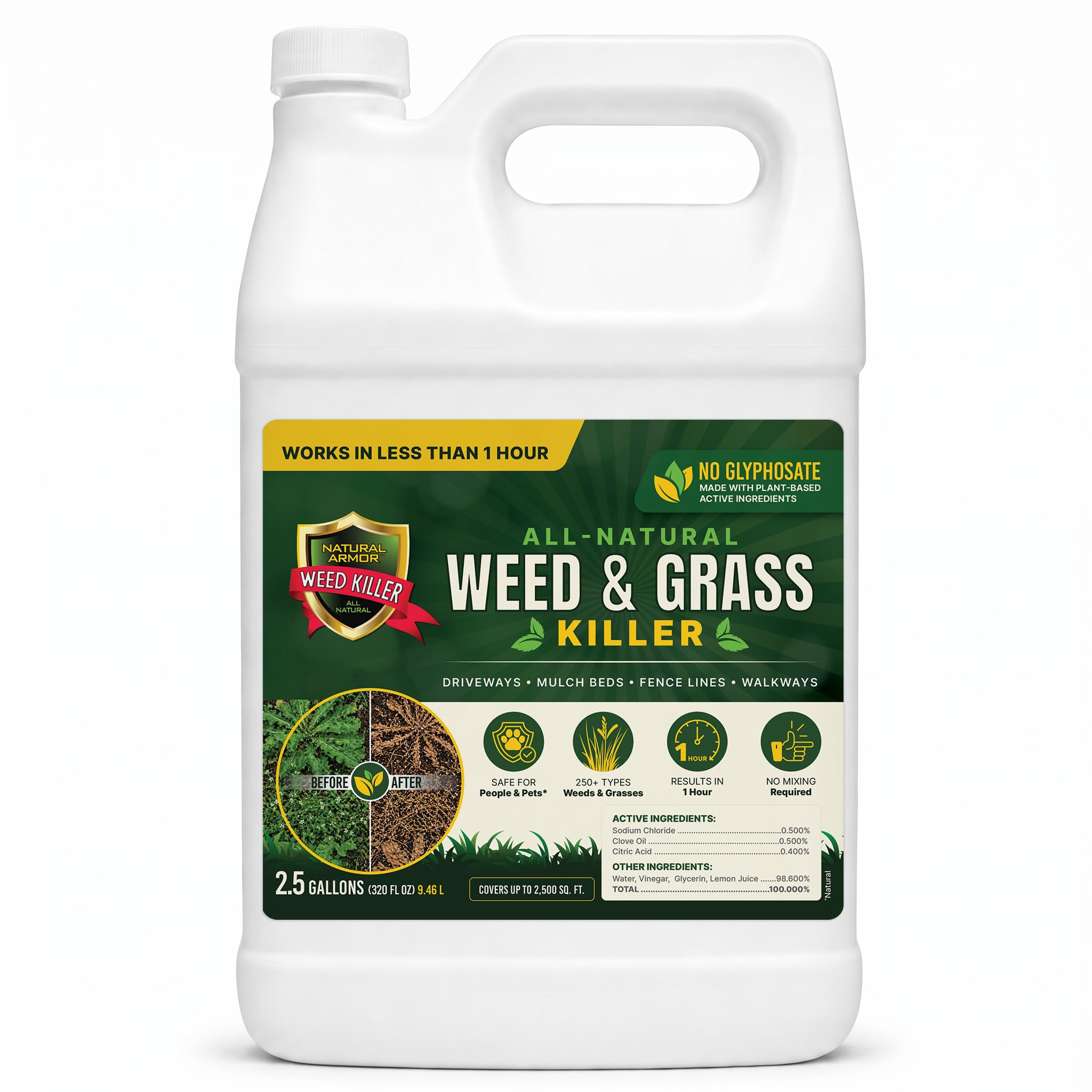Natural Armor envase frontal 2.5 gal muestra capacidad y aplicación fácil