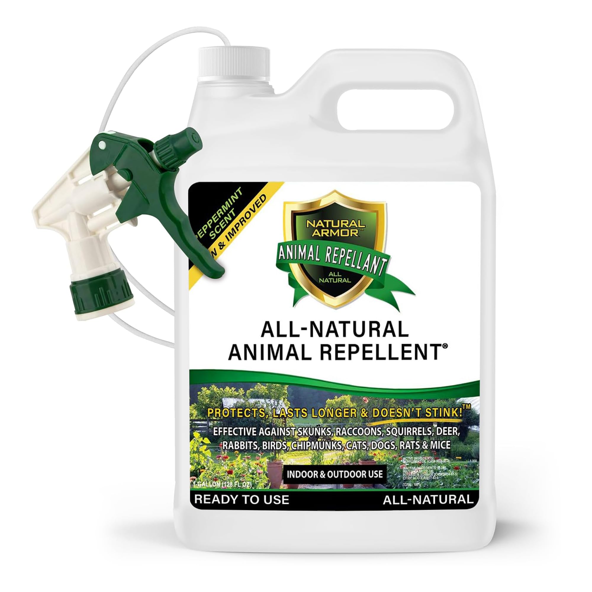 Natural Armor frasco galón mostrando etiqueta y spray, protección amplia