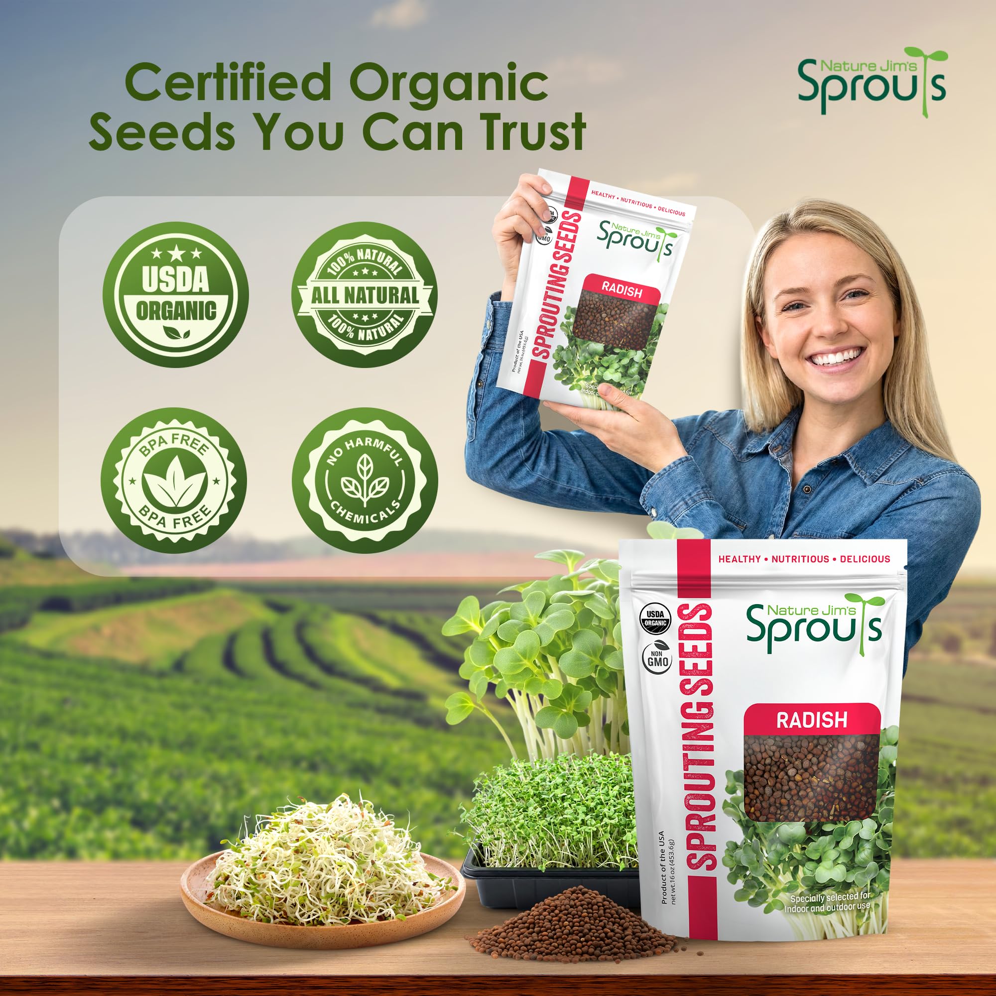 Nature Jim's Sprouts brotes de rábano servidos en ensalada, sabor y estética
