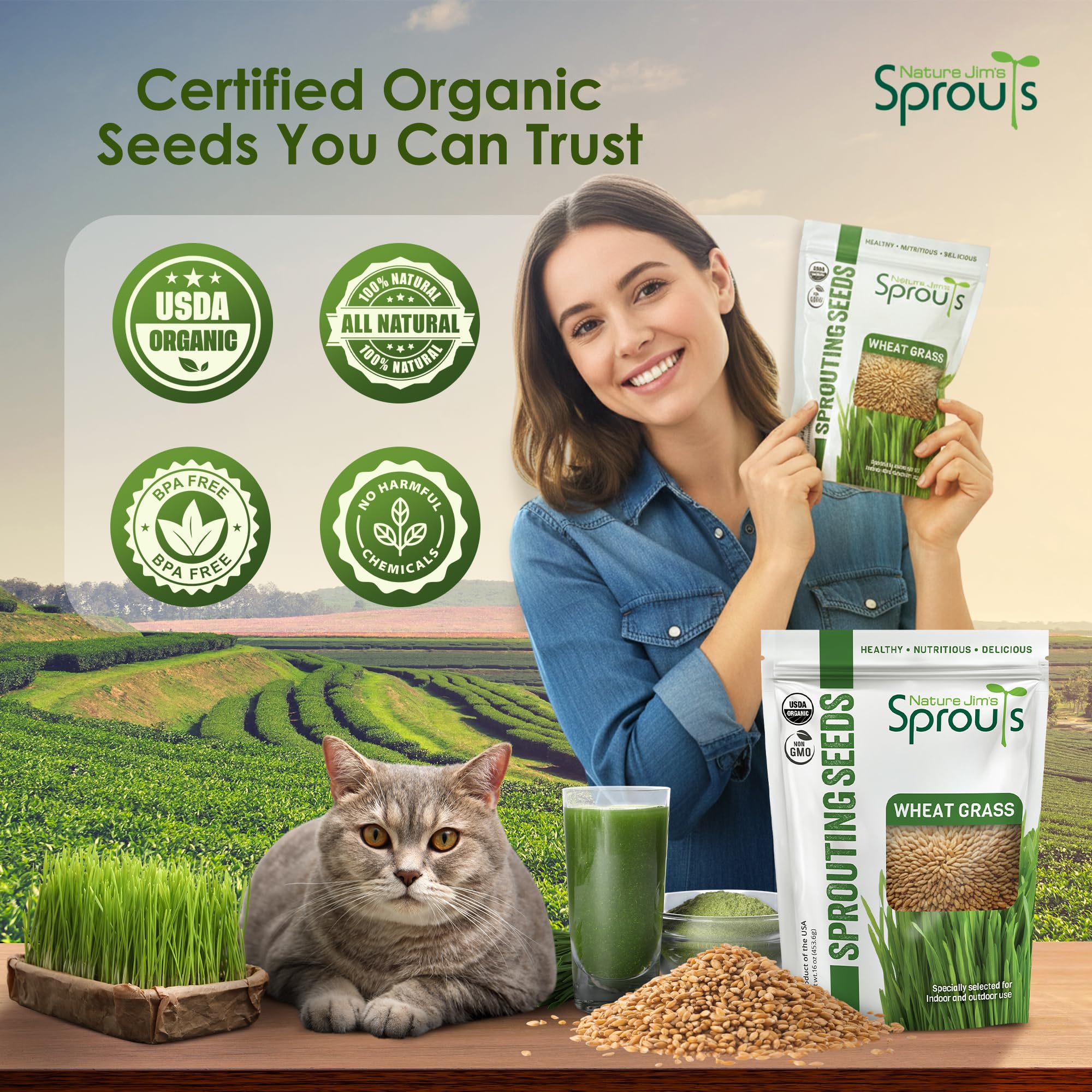 Nature Jim's Sprouts etiqueta USDA Organic, certificación visible y confianza