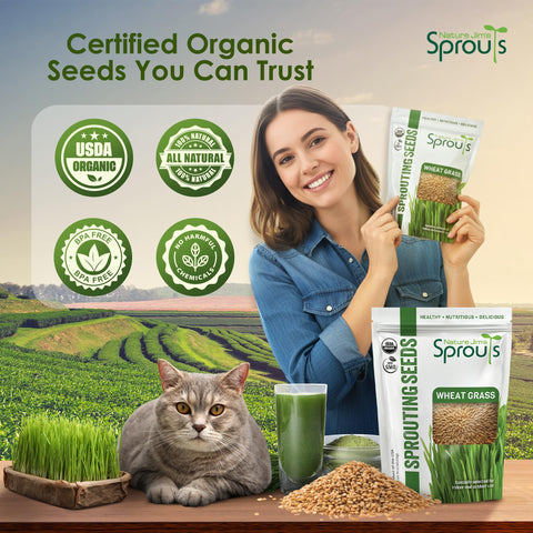Nature Jim's Sprouts etiqueta USDA Organic, certificación visible y confianza