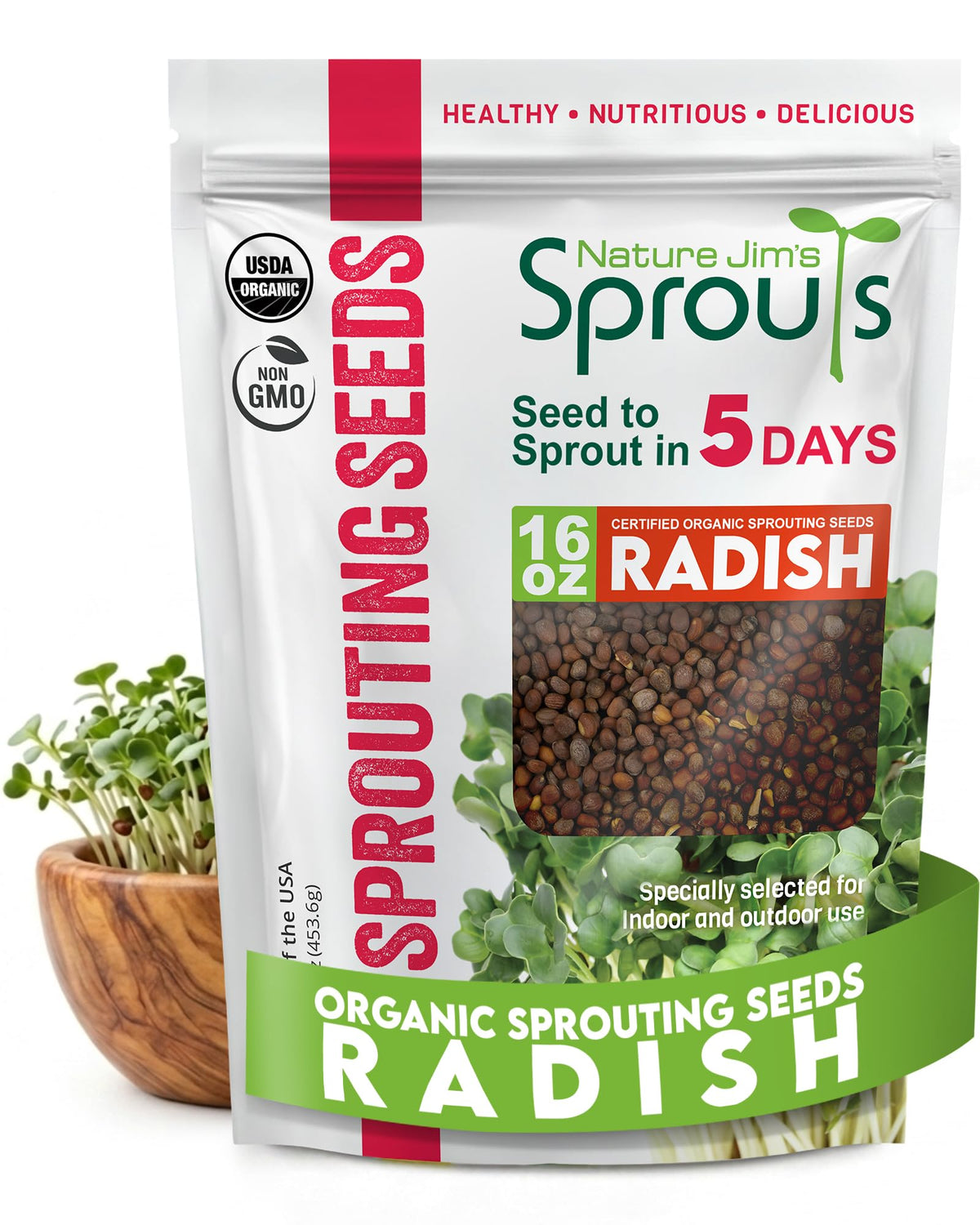 Nature Jim's Sprouts frente del empaque mostrando bolsa de 16 oz y frescura
