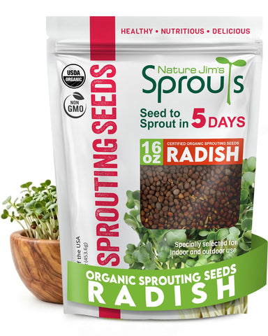 Nature Jim's Sprouts frente del empaque mostrando bolsa de 16 oz y frescura