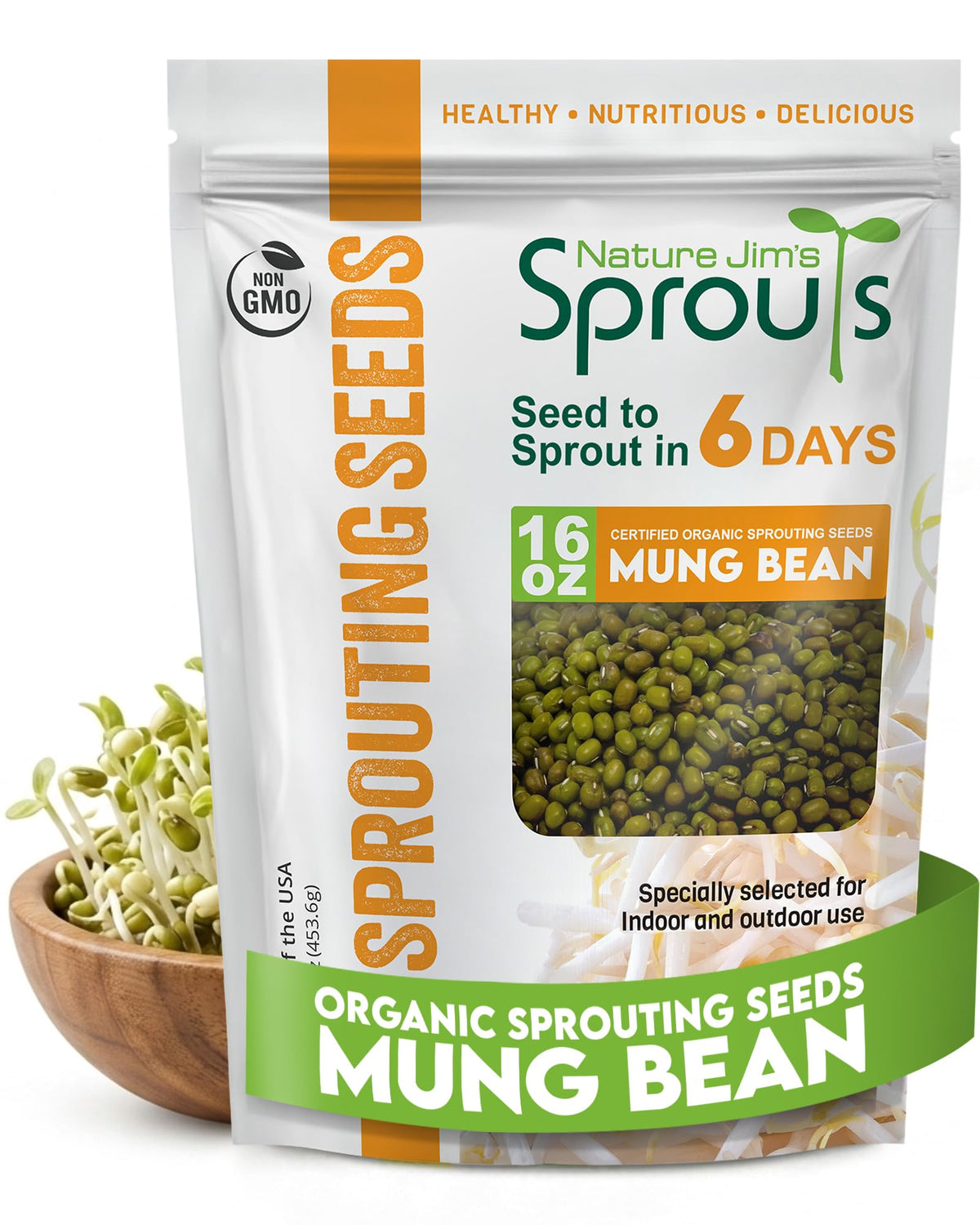 Nature Jim's Sprouts frente del paquete ofrece semillas no-OGM y fácil identificación