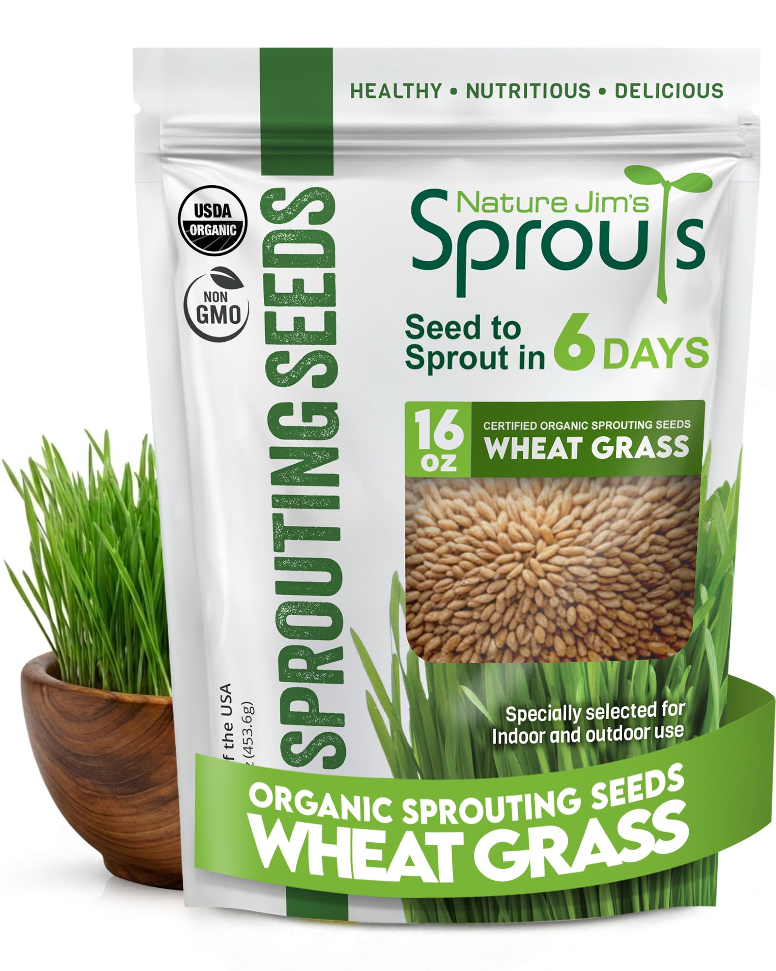 Nature Jim's Sprouts paquete frontal que muestra tamaño y frescura