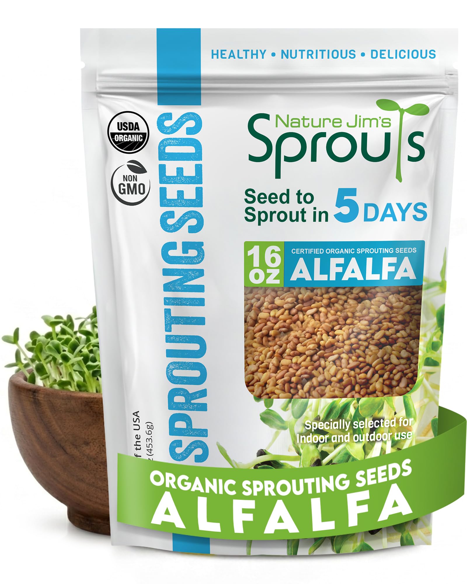Nature Jim's Sprouts paquete frontal mostrando 16 oz y sello orgánico, conveniente
