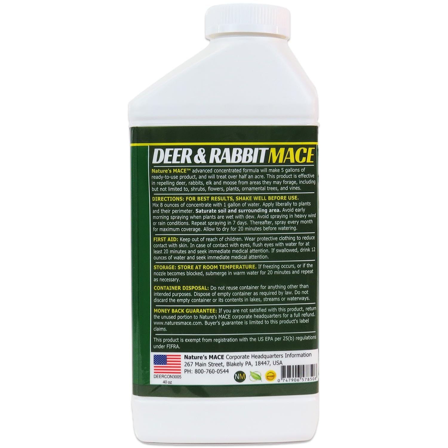 Nature's MACE etiqueta con instrucciones y advertencias claras