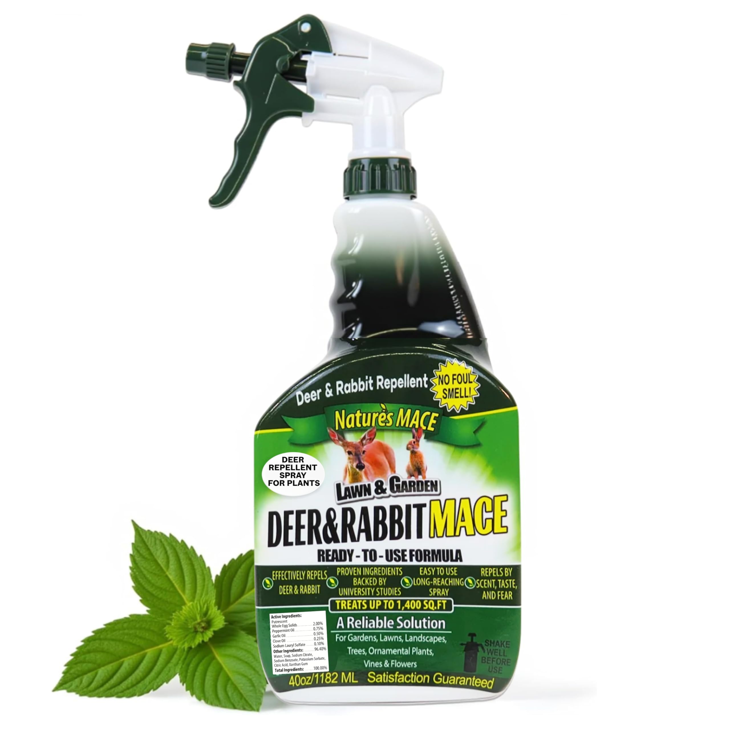 Nature's MACE botella frontal mostrando tamaño 40 oz y beneficio repelente