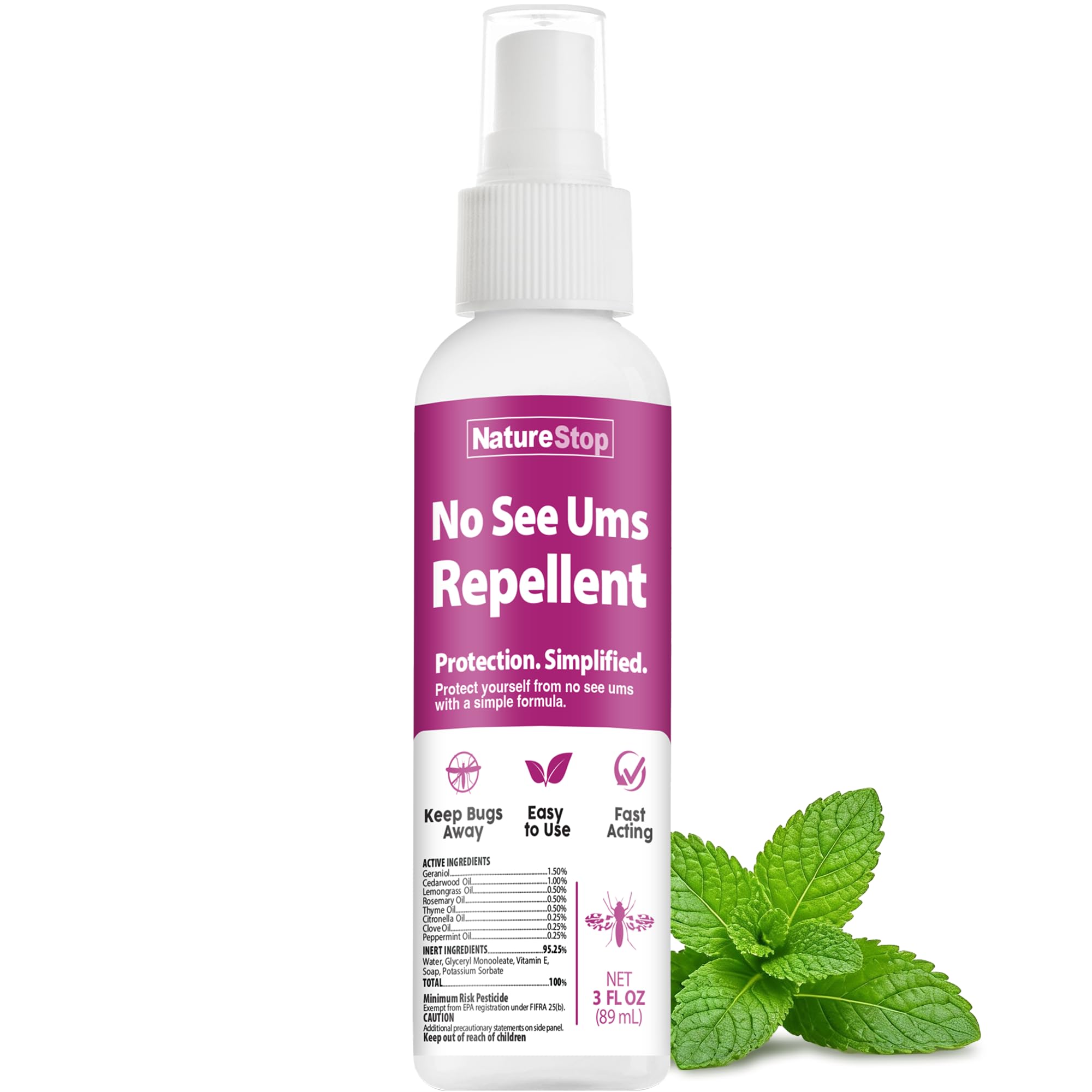 NatureStop frente del envase mostrando 3 oz y beneficio de portabilidad