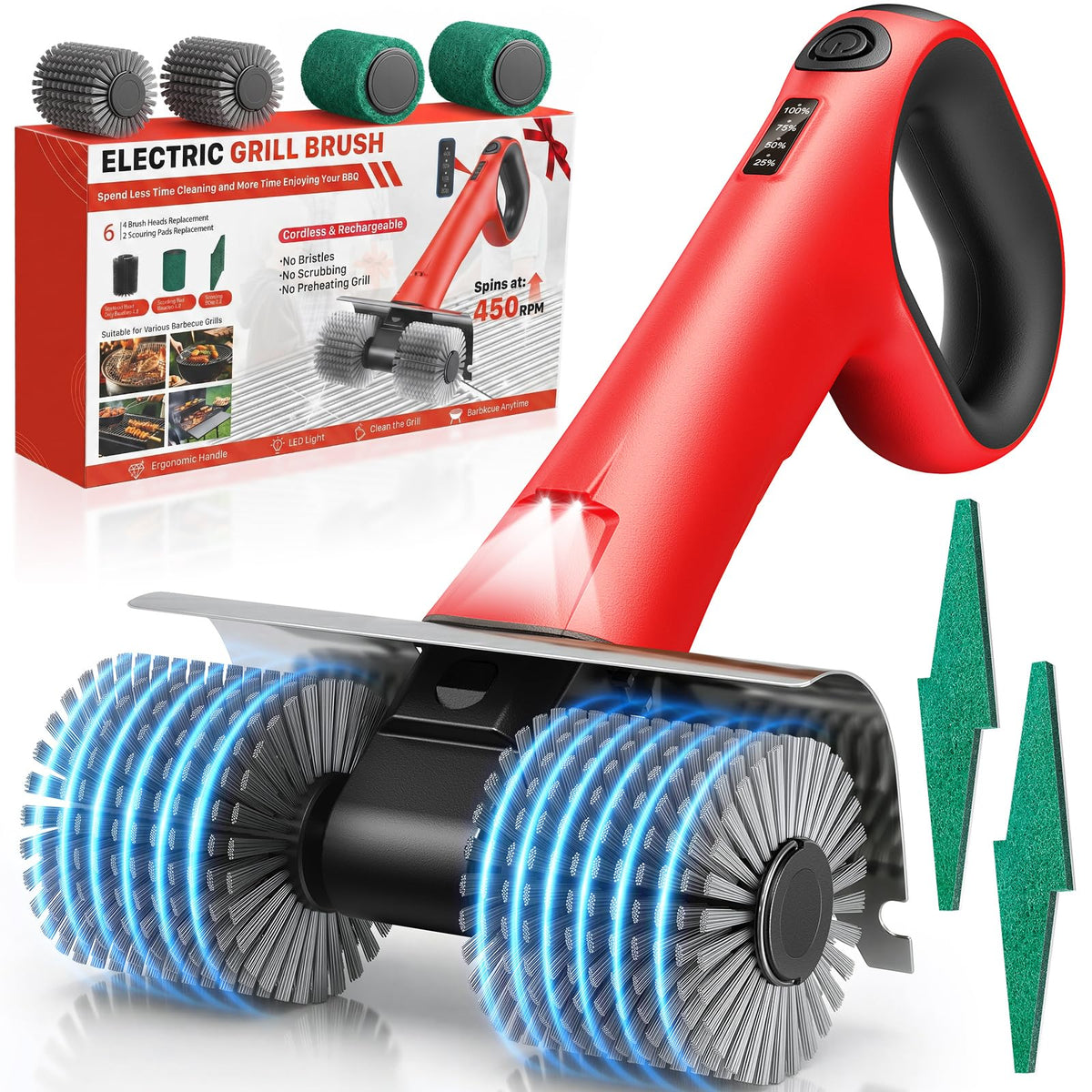NeatLt frente del producto mostrando el cepillo eléctrico y beneficios de limpieza rápida
