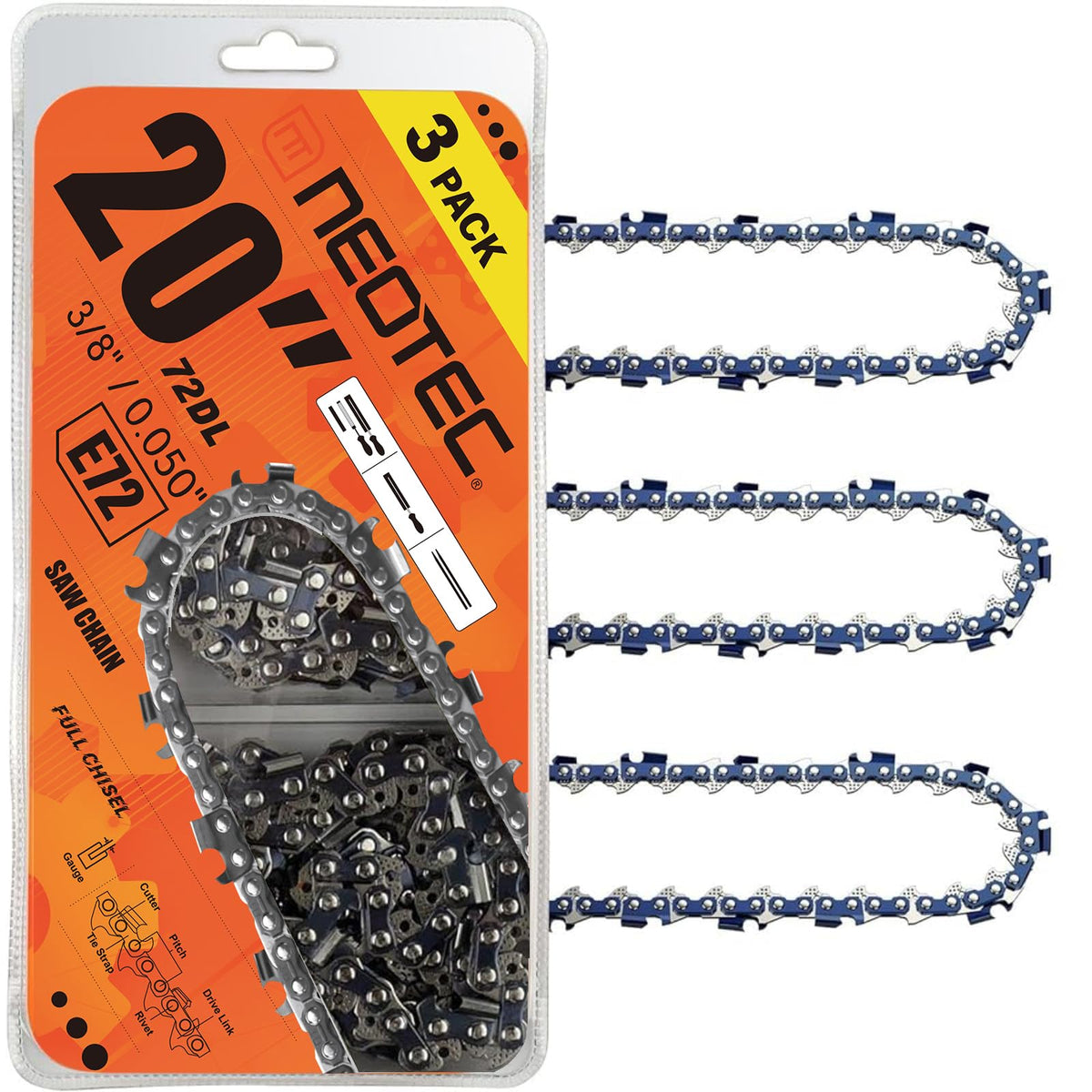 NEO-TEC empaque frontal pack de tres cadenas listo para uso y ahorro