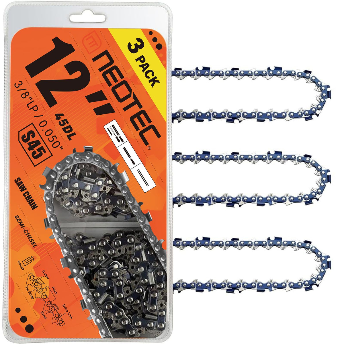 NEO-TEC empaque frontal mostrando 3 cadenas, preparación y ahorro