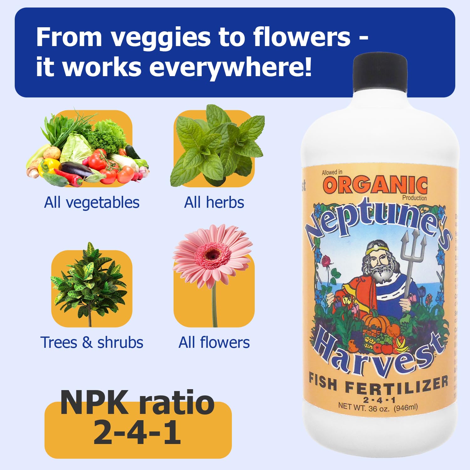 Neptune's Harvest aplicación en hojas con pulverizador, mejora absorción foliar