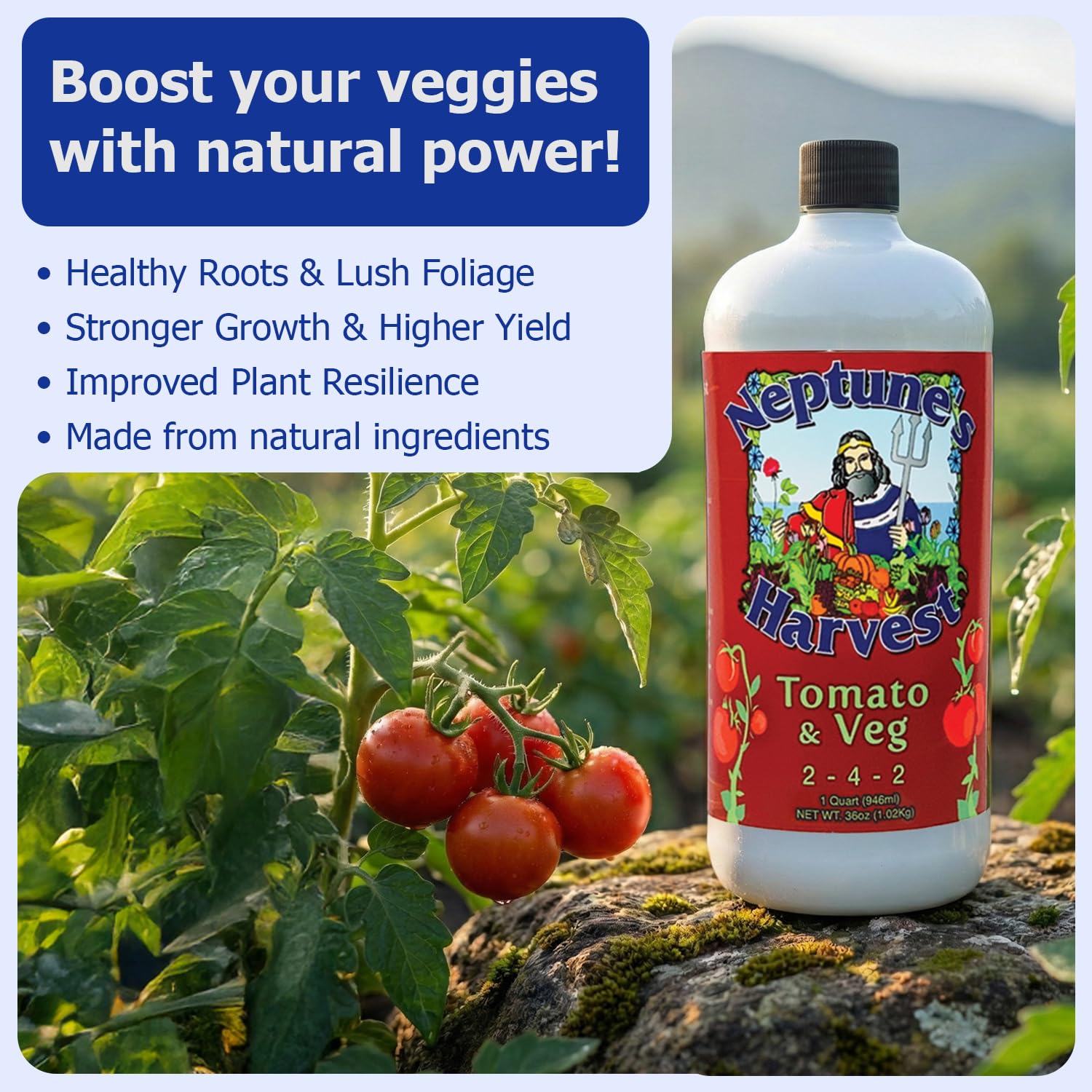 Neptune's Harvest etiqueta con ingredientes clave visibles, beneficio transparencia de fórmula
