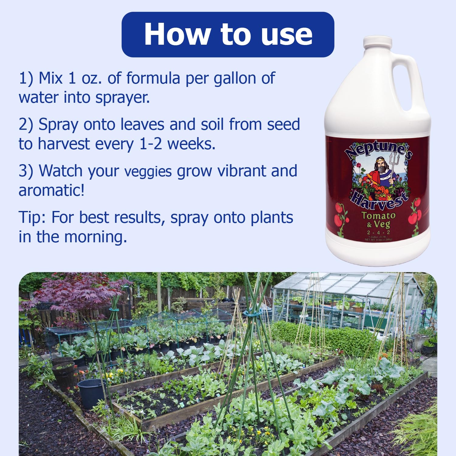 Neptune's Harvest etiqueta con lista de ingredientes naturales y beneficios del producto