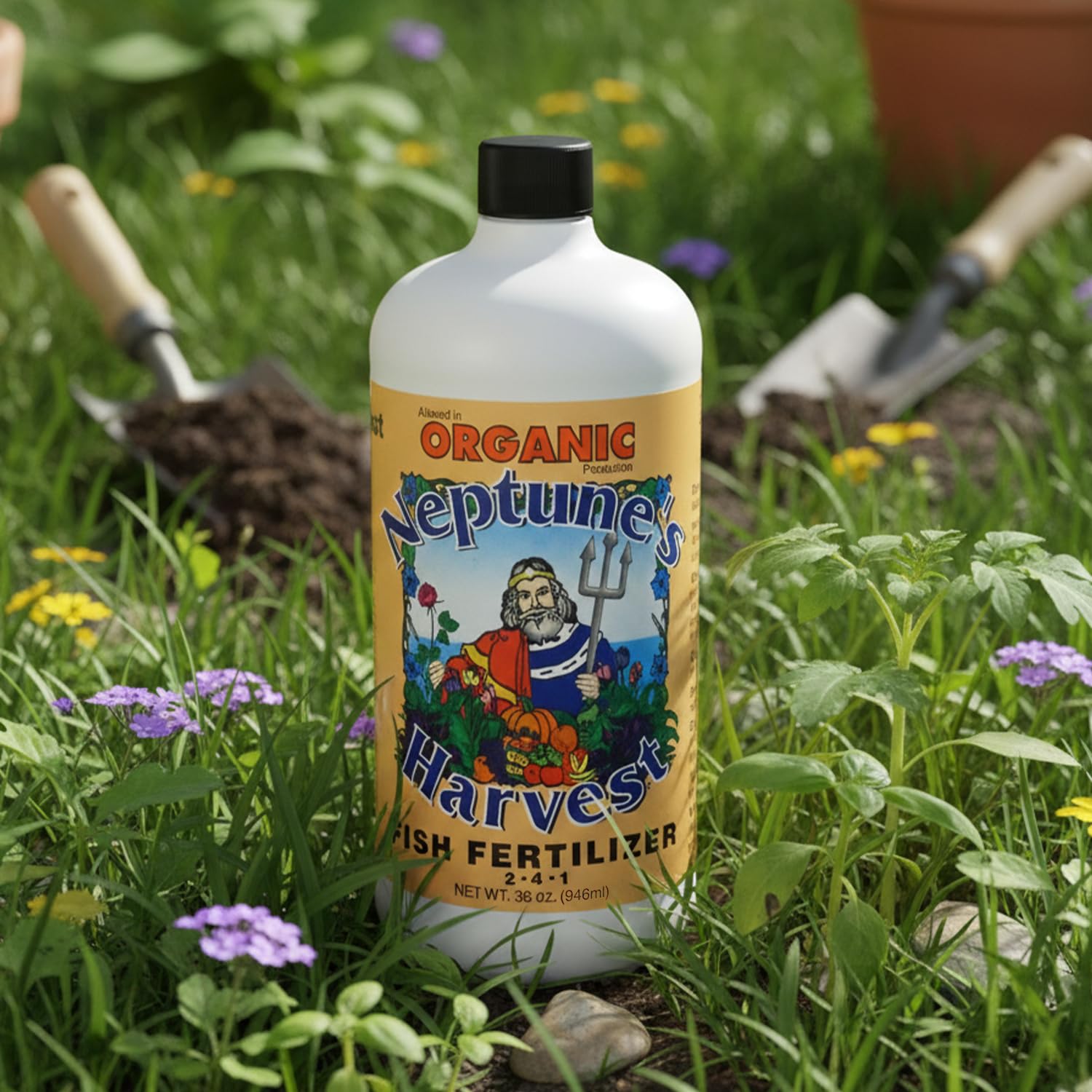 Neptune's Harvest uso en jardín con verduras sanas, aporta nutrición equilibrada