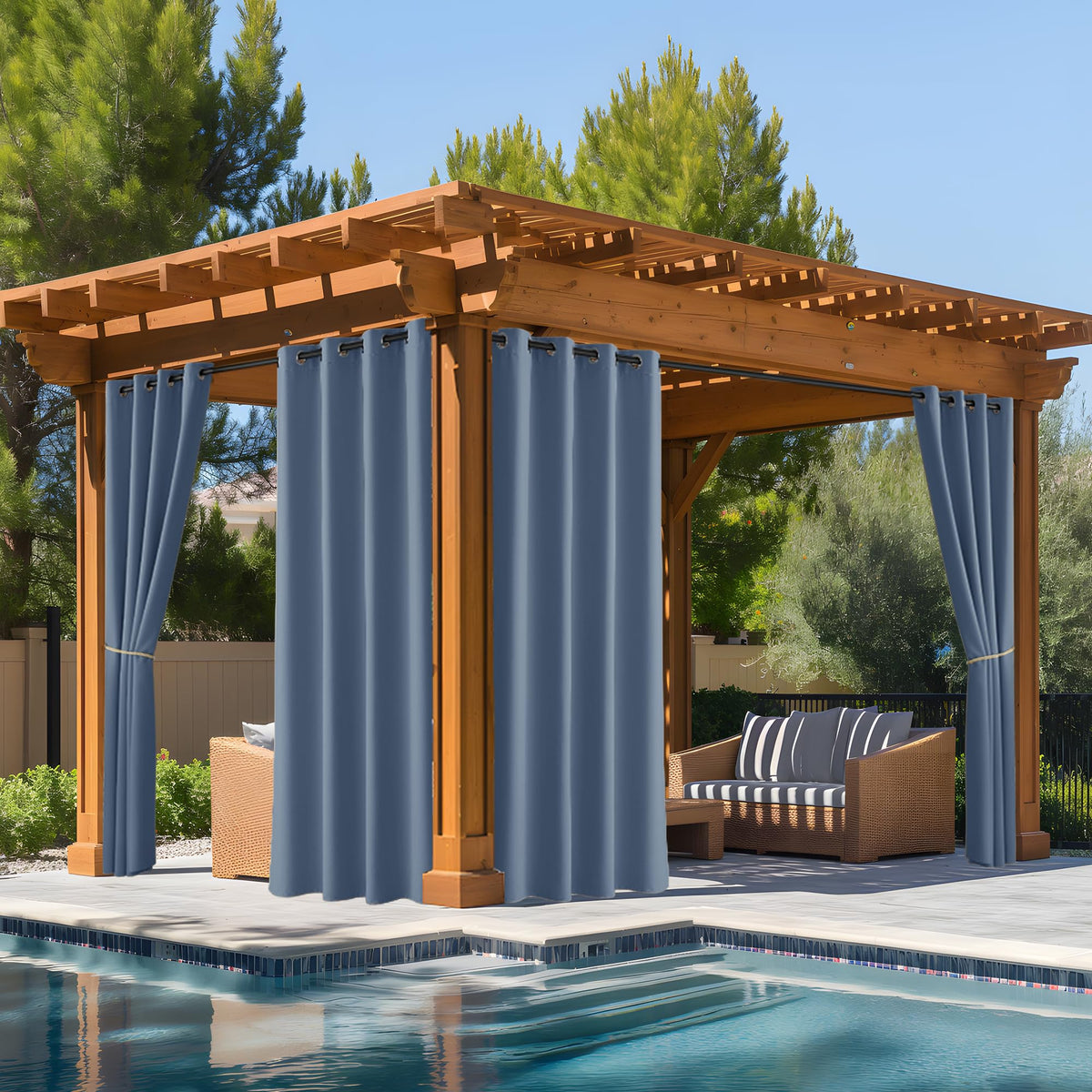 NICETOWN cortina exterior frontal en Stone Blue mostrando color duradero