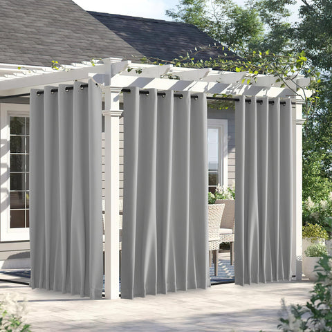 NICETOWN cortina exterior frontal mostrando diseño y color gris plateado