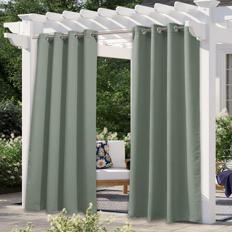 NICETOWN cortina exterior frontal mostrando color sage green y caída elegante