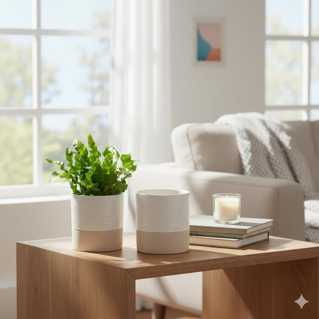 Nihow maceta con planta en uso demostrando riego automático y estética interior