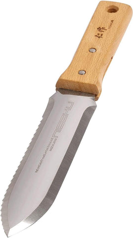 Nisaku cuchillo hori hori frontal mostrando hoja y mango cómodo