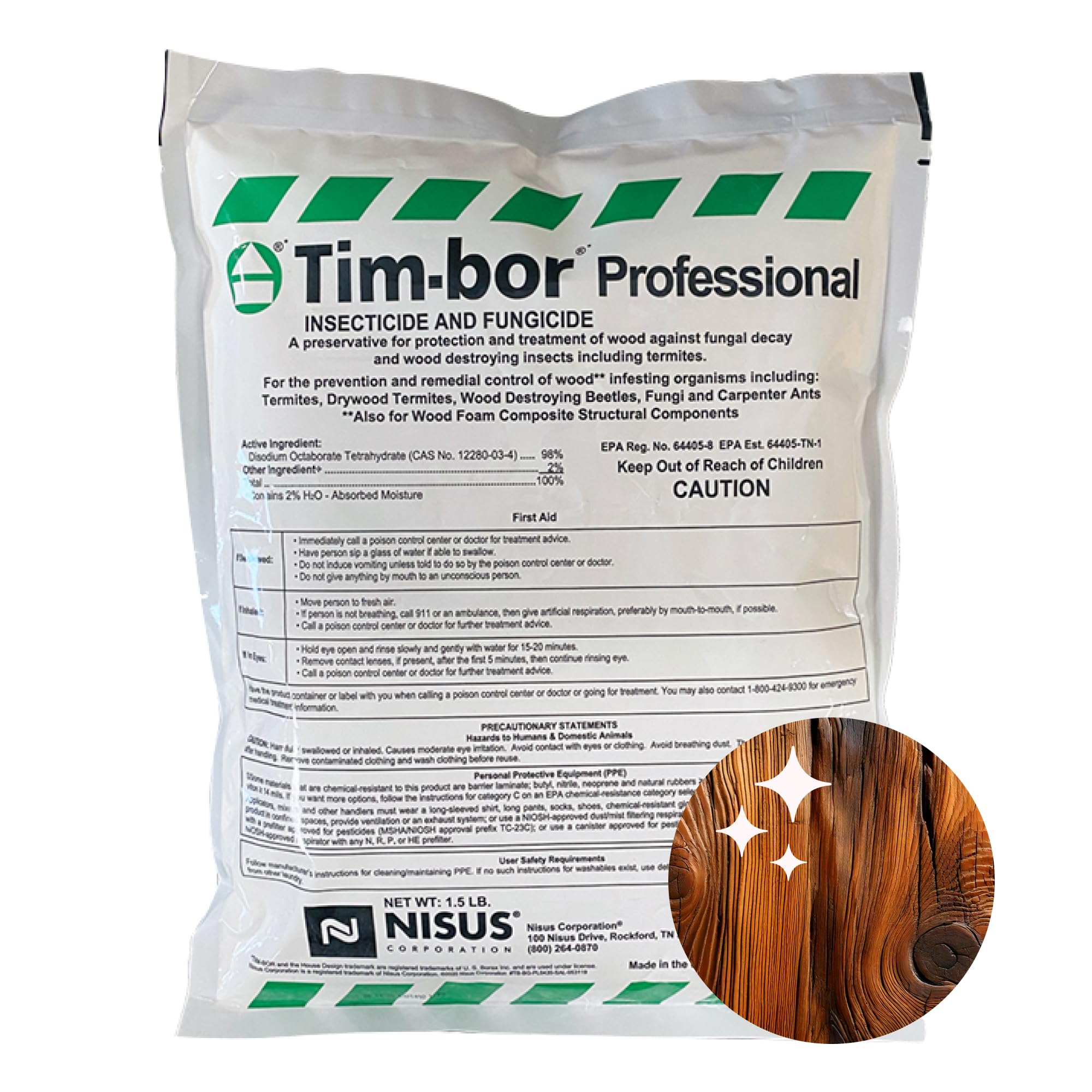 Nisus Tim-BOR envase frontal mostrando etiqueta y peso 1.5 lb, protección visible