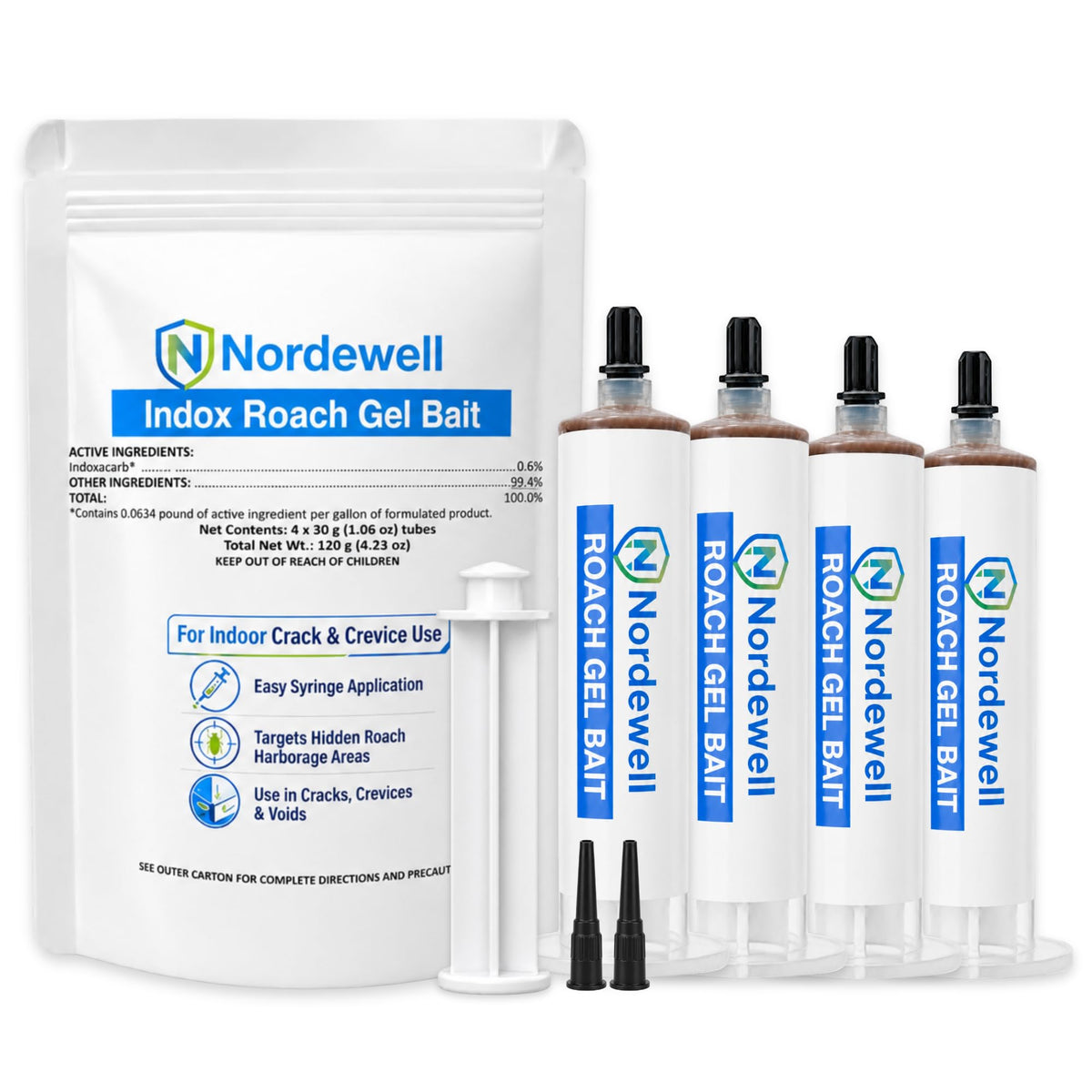 Nordewell envase frontal mostrando los cuatro tubos y claridad de uso