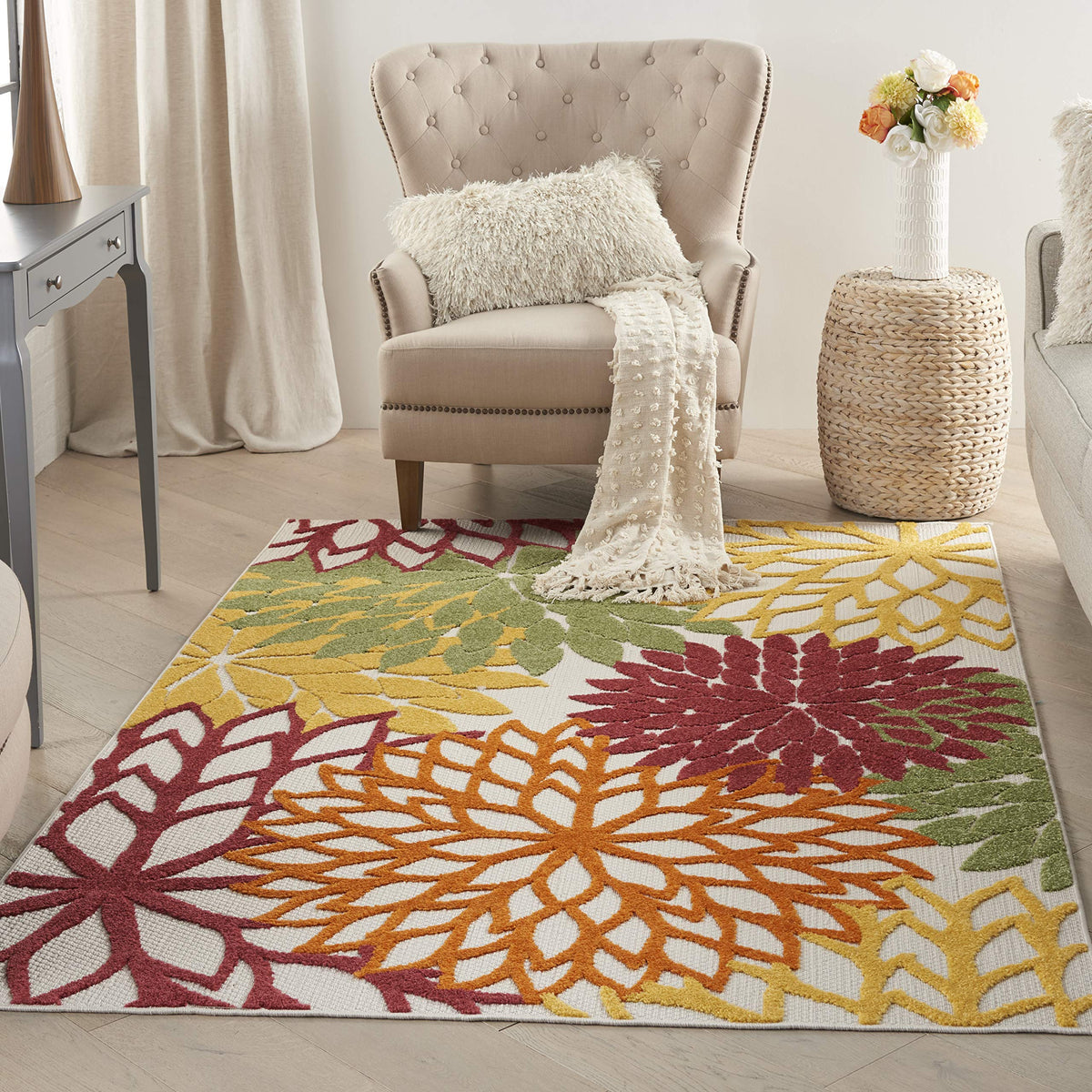 Nourison alfombra Aloha frontal mostrando colores tropicales y aportando alegría