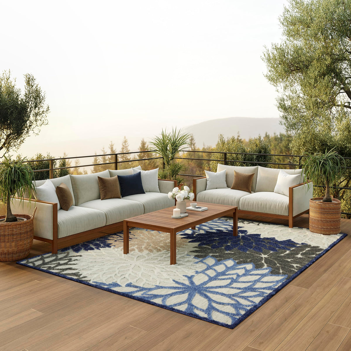 Nourison alfombra Aloha vista frontal azul multicolor que aporta estilo tropical