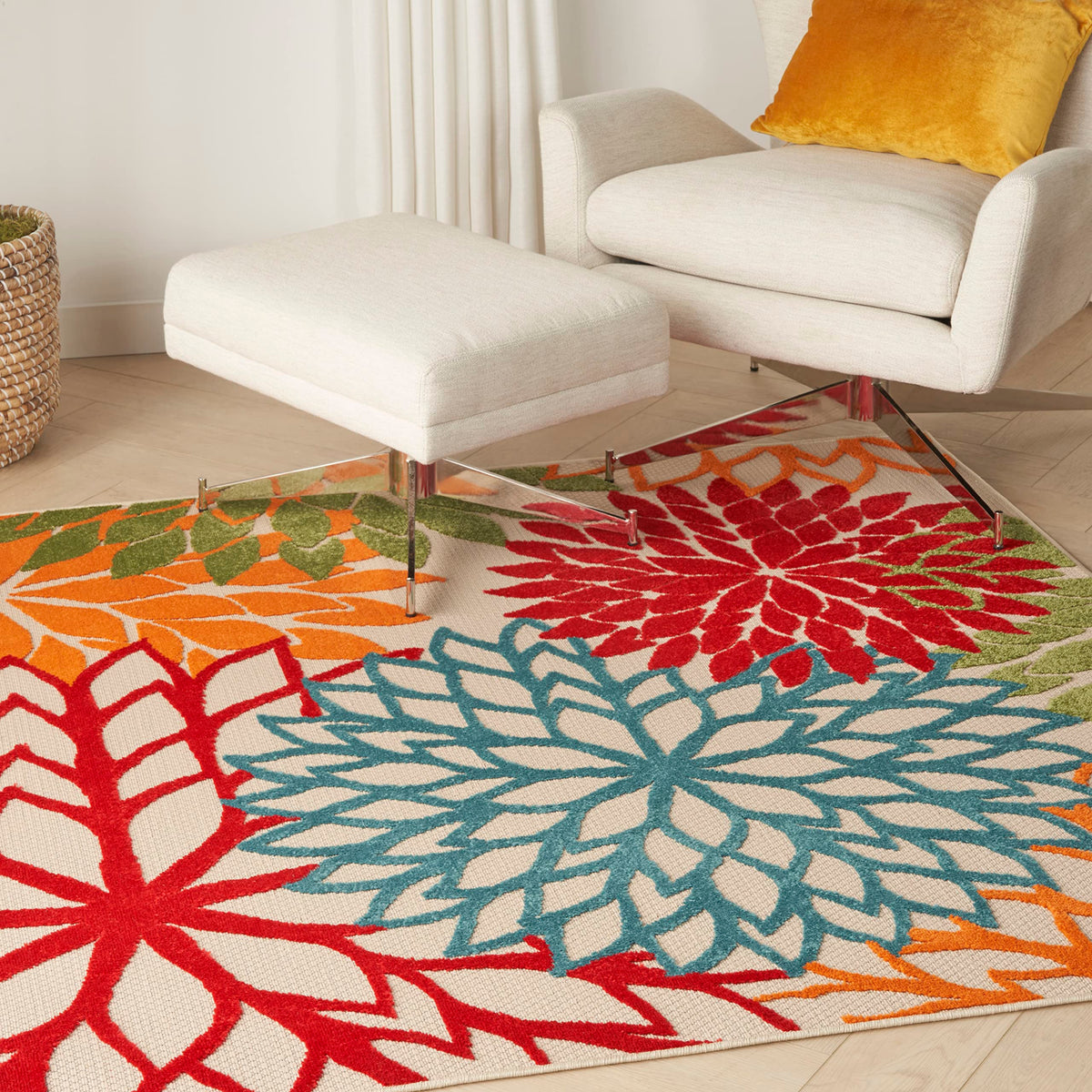 Nourison alfombra frontal verde mostrando diseño tropical y colores vivos