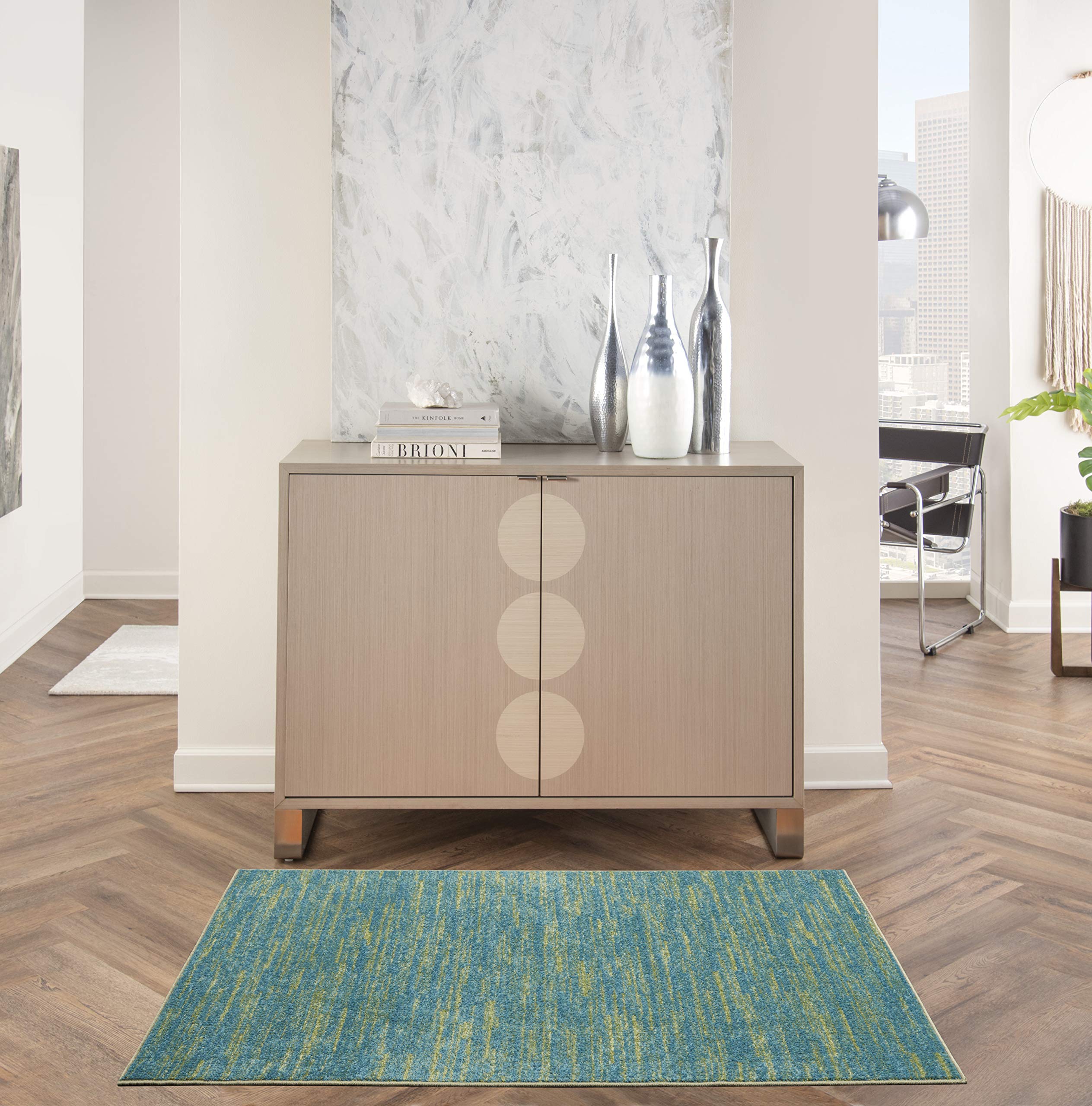 Nourison alfombra frontal azul-verde, aspecto moderno y resistente
